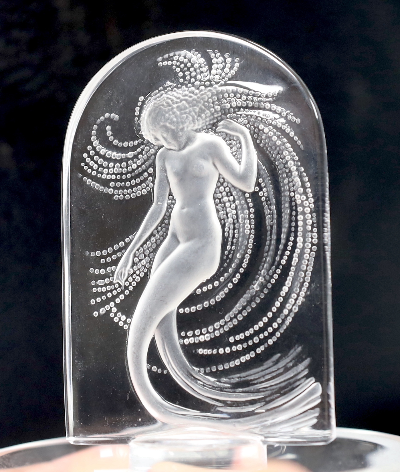 Three Lalique trinket dishes with central figures of a mermaid, a fish and a swallow, highest 10.5cm